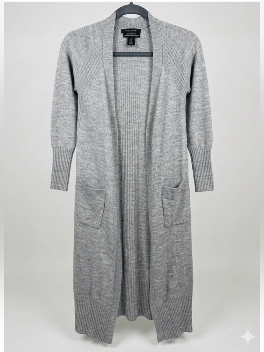 Tahari Merino Wool Blend Grey Duster Cardigan XS Pockets Side Slits